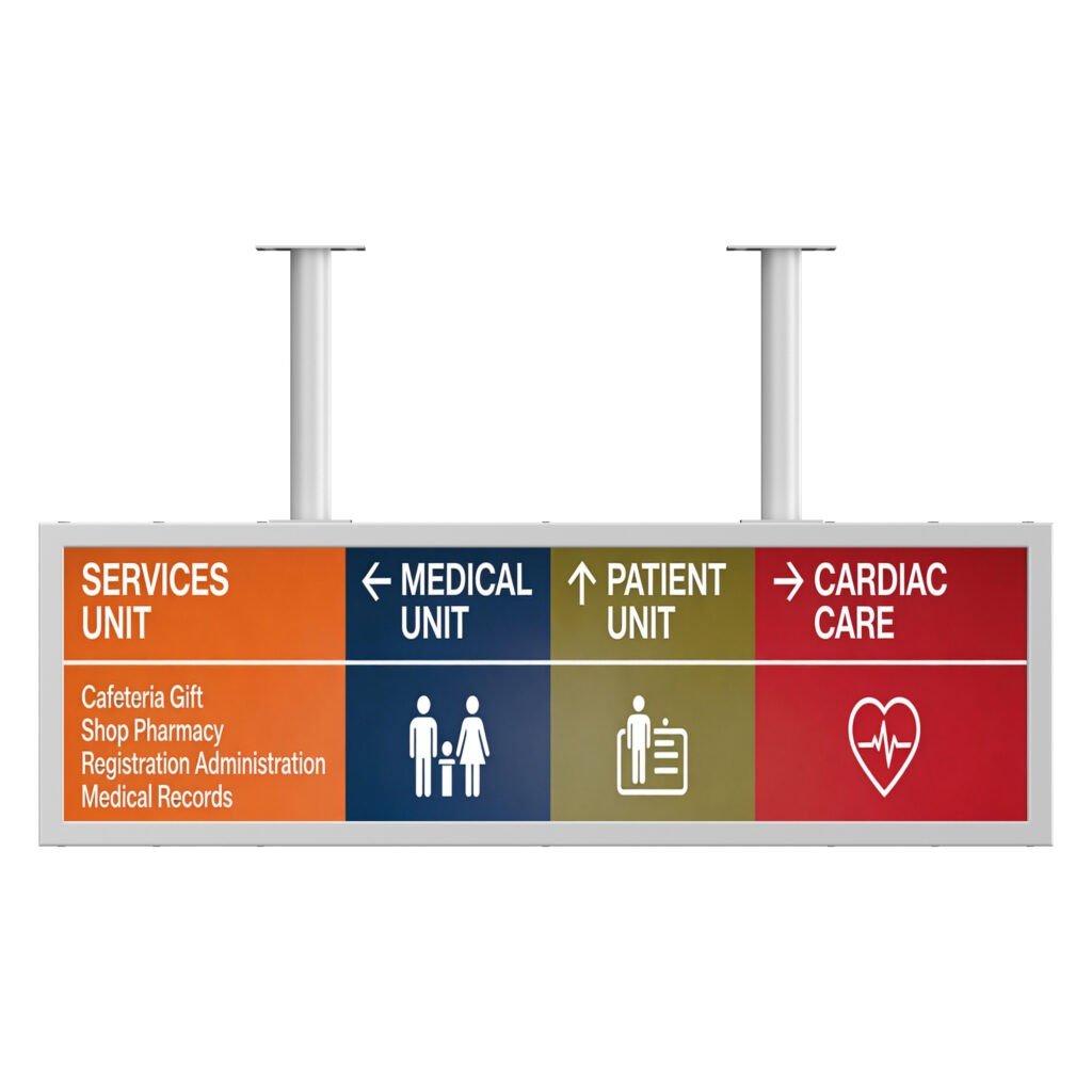 Ceiling or wall-mounted in hospital corridors, office buildings, and public facilities to display wayfinding information, department directories, and announcements in narrow overhead spaces where a standard display wouldn’t fit. Many healthcare customers choose our Linux configuration here for its stability and reduced maintenance overhead.